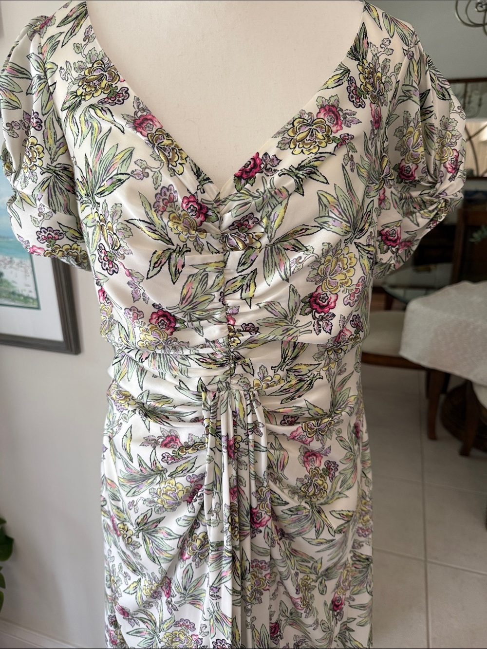 Floral V-Neck Maxi Dress in Ivory with Pink, green & Yellow Blooms